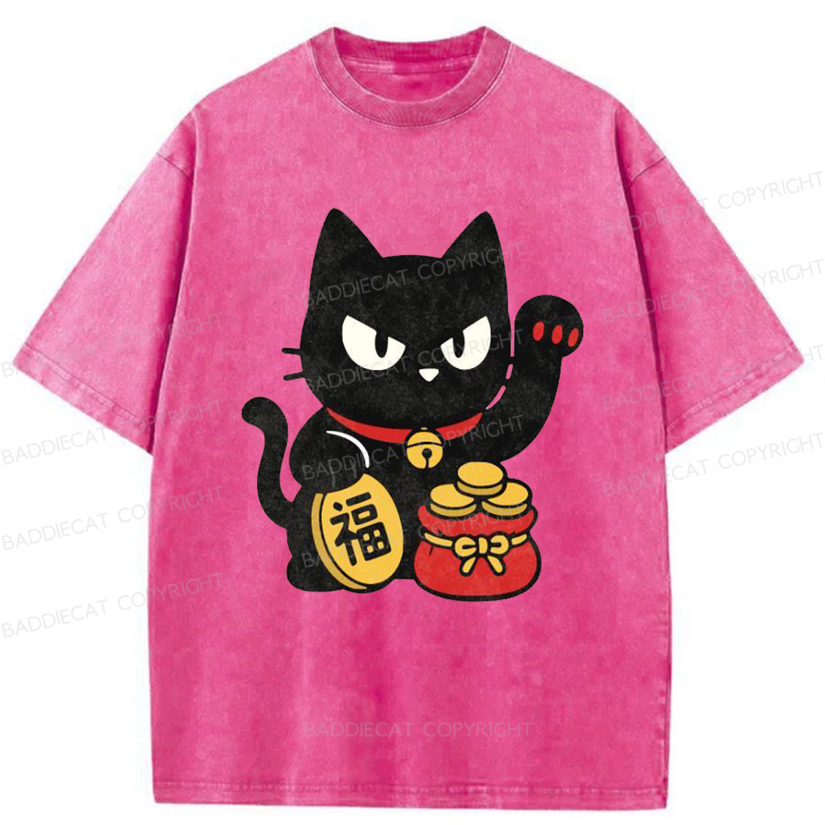 Baddiecat Japanese Lucky Black Cat Washed T-shirt