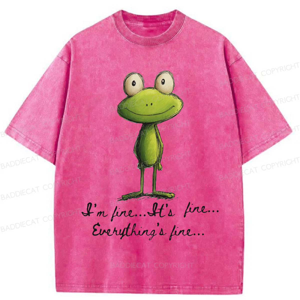 Baddiecat I'm Fine Funny Frog Washed T-shirt