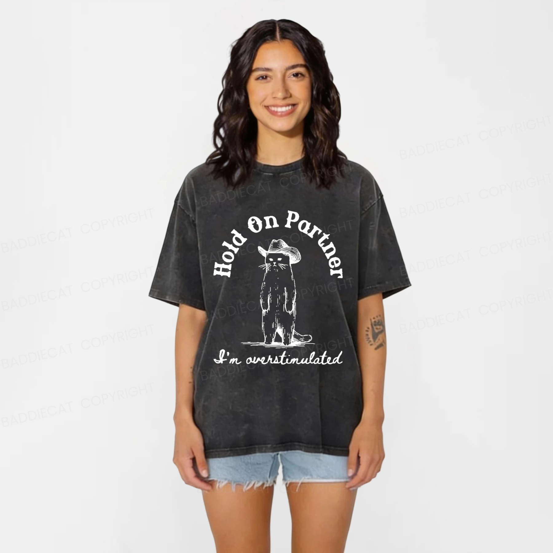 Baddiecat Surprised Cowboy Cat Washed T-shirt