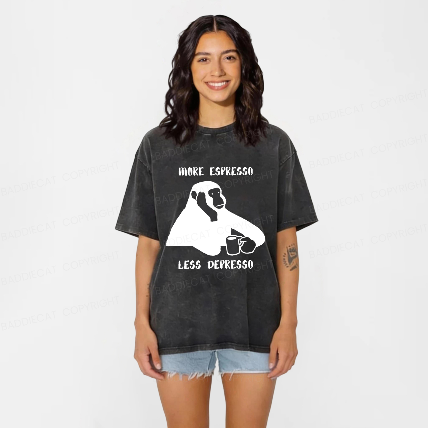 Baddiecat Monkey With A Coffee Mug Washed T-shirt