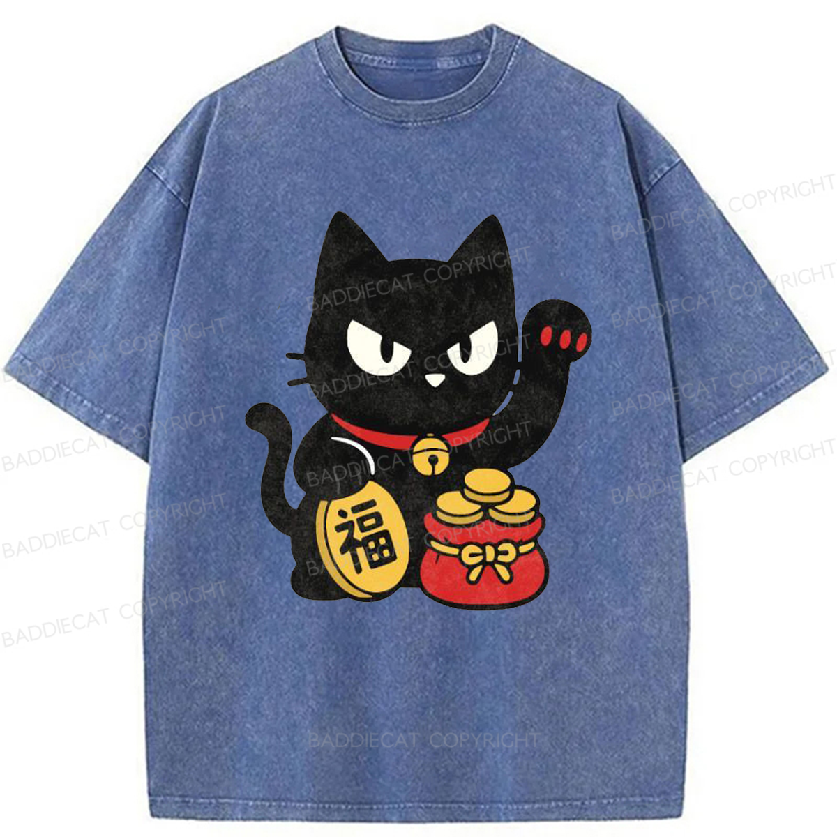 Baddiecat Japanese Lucky Black Cat Washed T-shirt