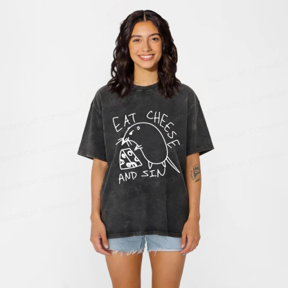 Baddiecat Eat Cheese And Sin Washed T-shirt
