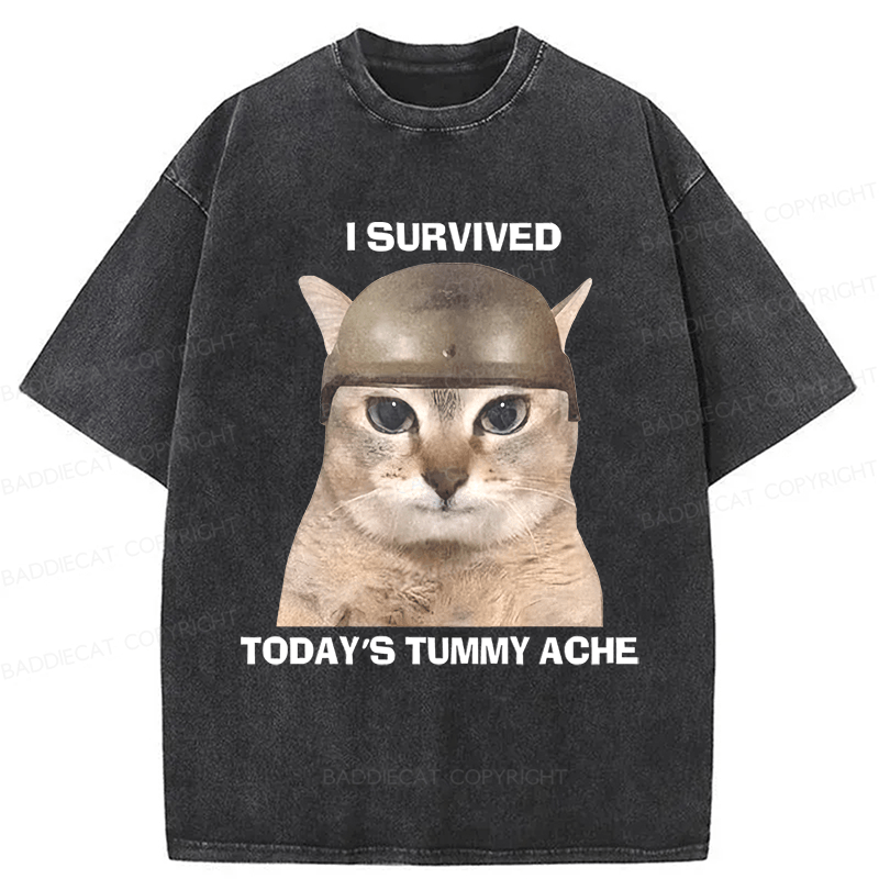 Baddiecat I Survived Today's Tummy Ache Washed T-shirt