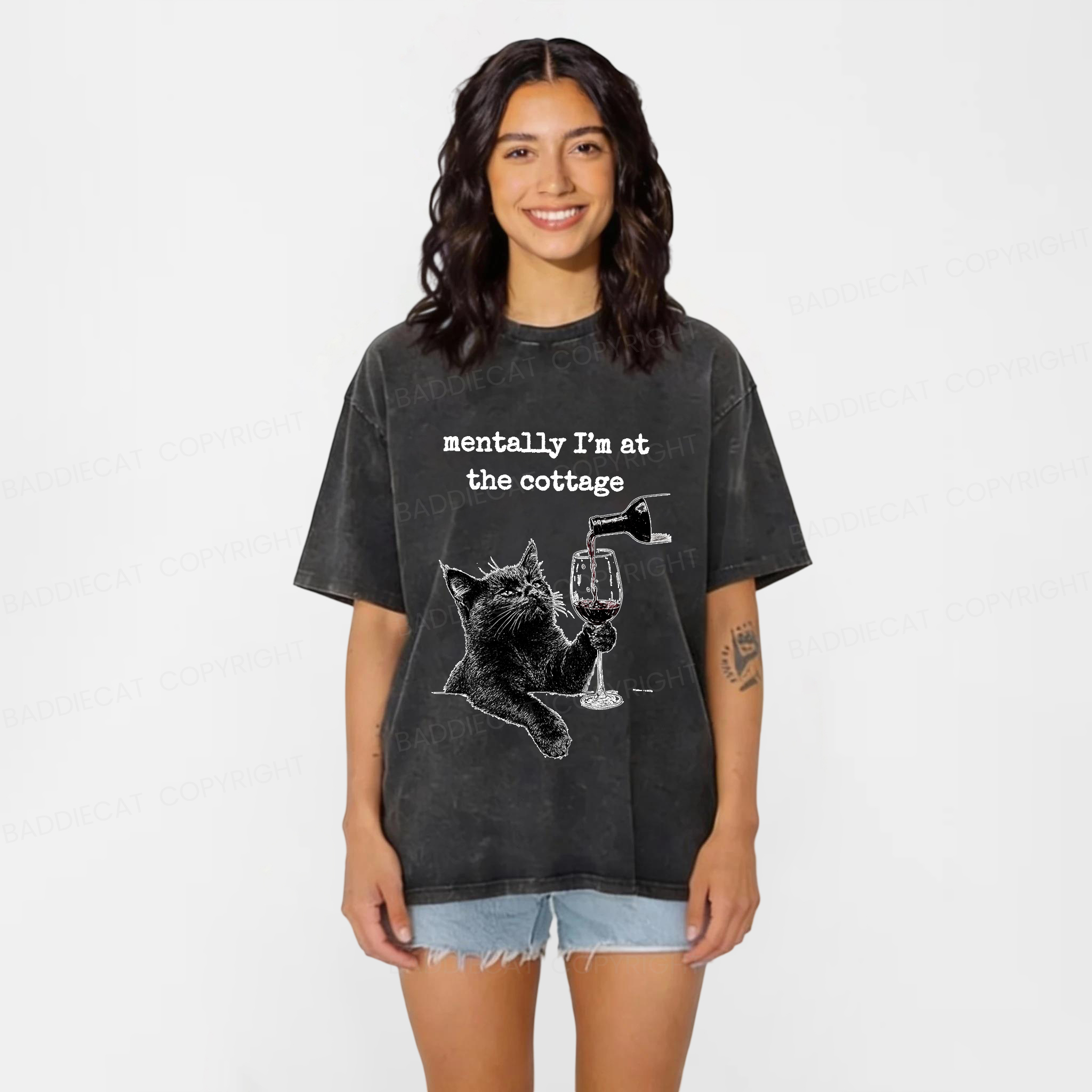 Baddiecat Depressed Black Cat Washed T-shirt