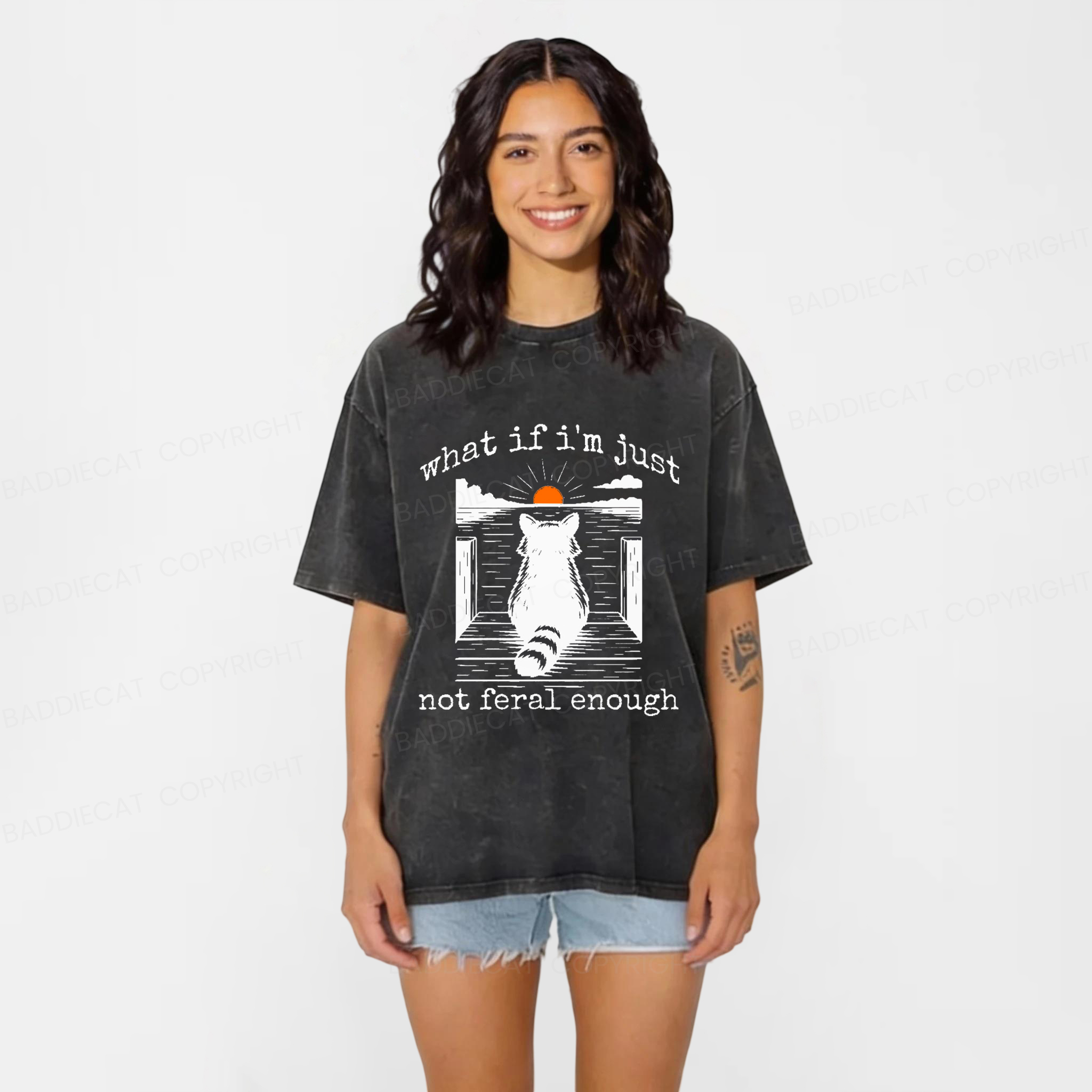 Baddiecat Thinking Raccoon Washed T-shirt