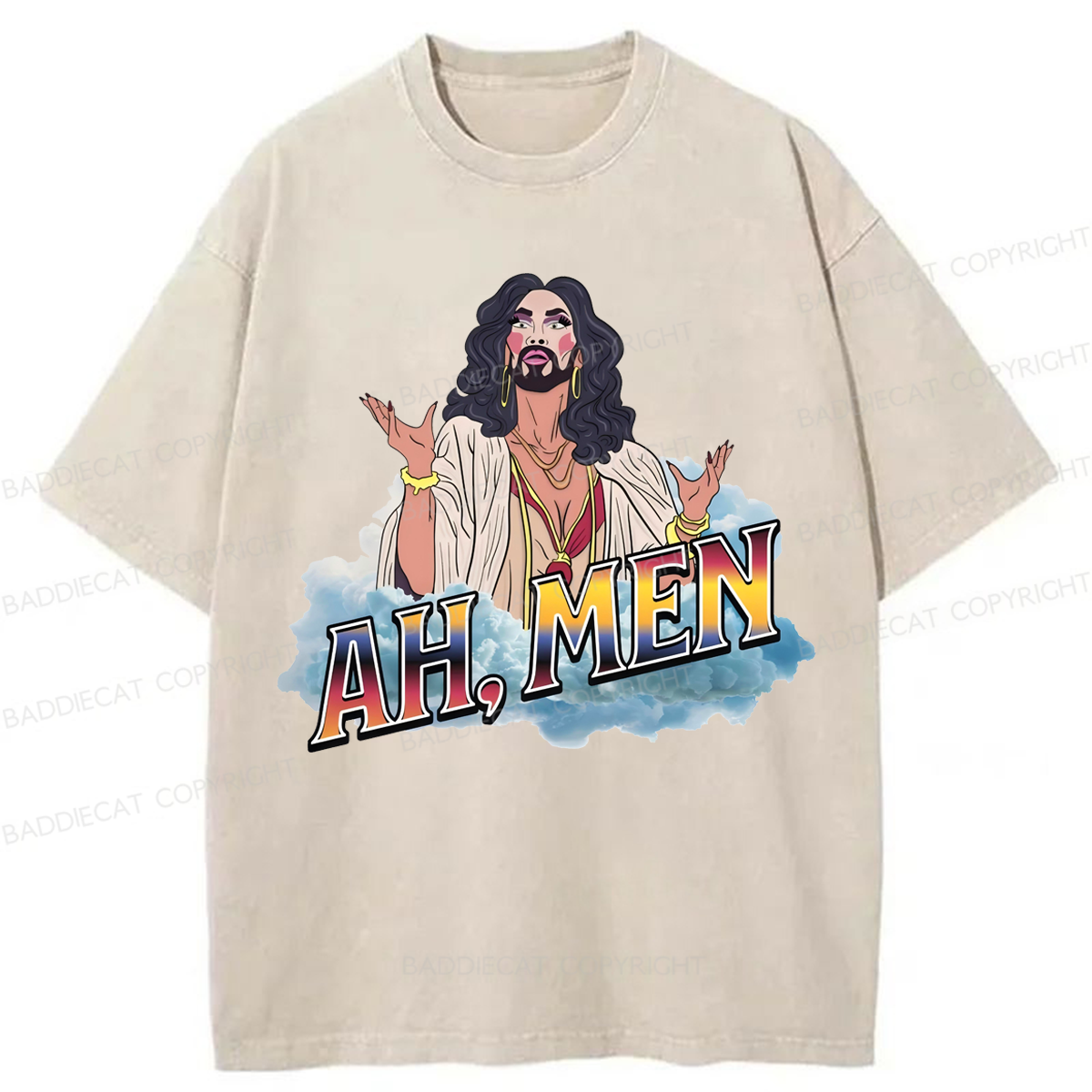 Baddiecat Funny Jesus AH MEN Washed T-shirt