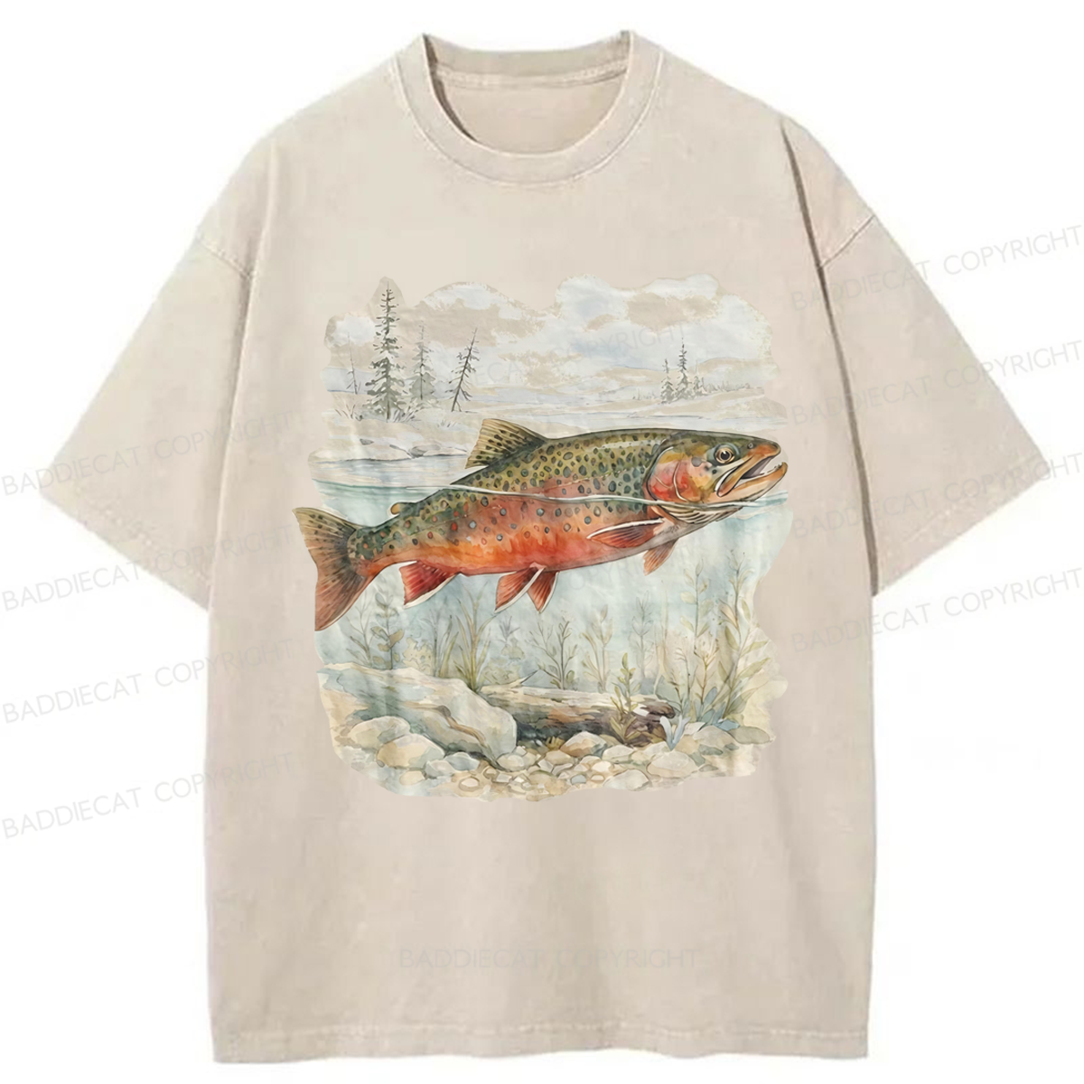 Baddiecat Landscape Trout Fish Washed T-shirt