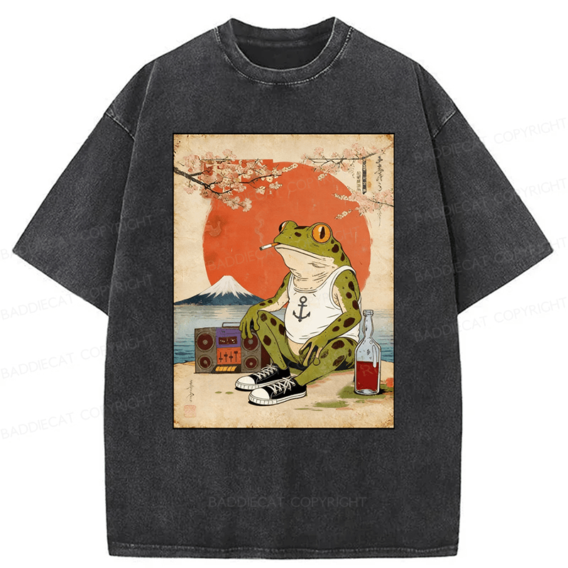 Baddiecat Japanese Style Frog Washed T-shirt
