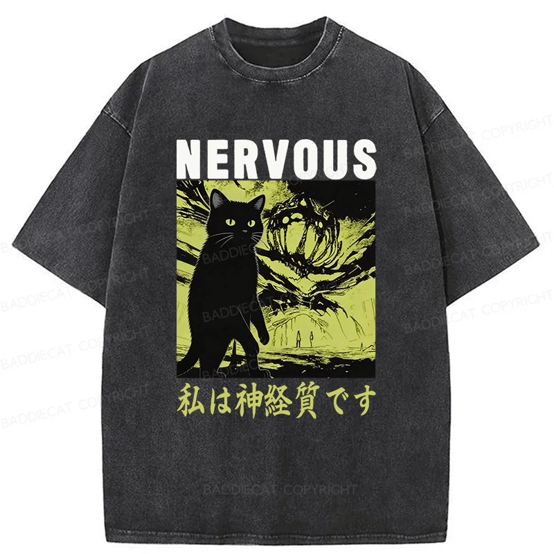 Baddiecat Nervous Cat Washed T-shirt