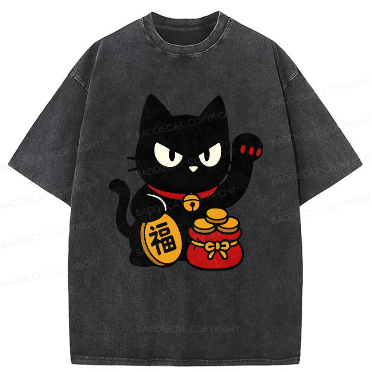 Baddiecat Japanese Lucky Black Cat Washed T-shirt