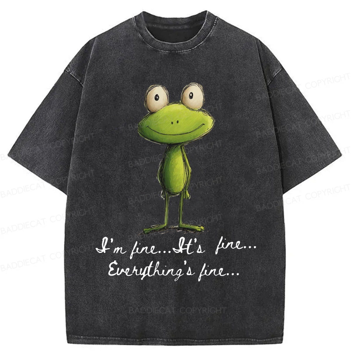 Baddiecat I'm Fine Funny Frog Washed T-shirt