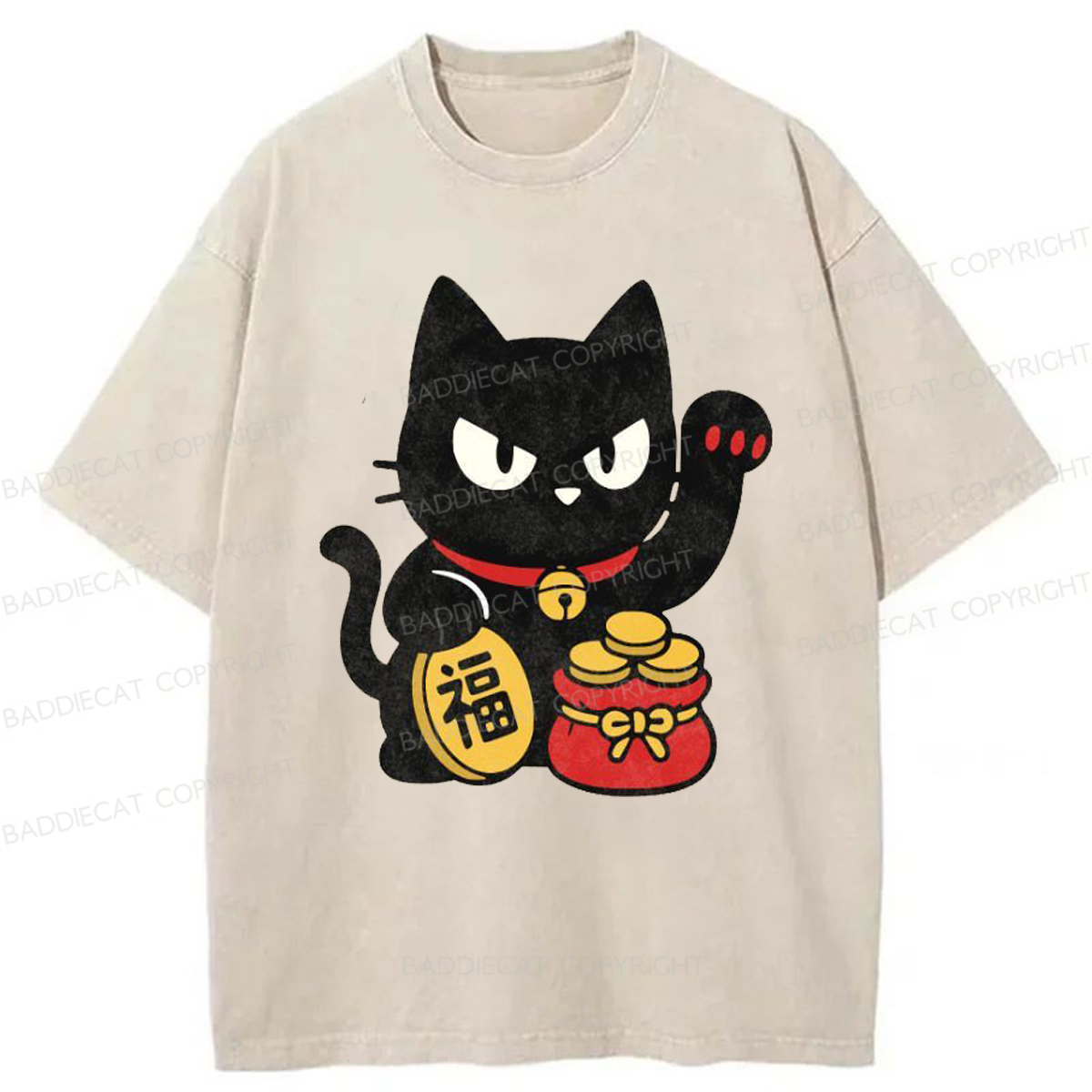 Baddiecat Japanese Lucky Black Cat Washed T-shirt