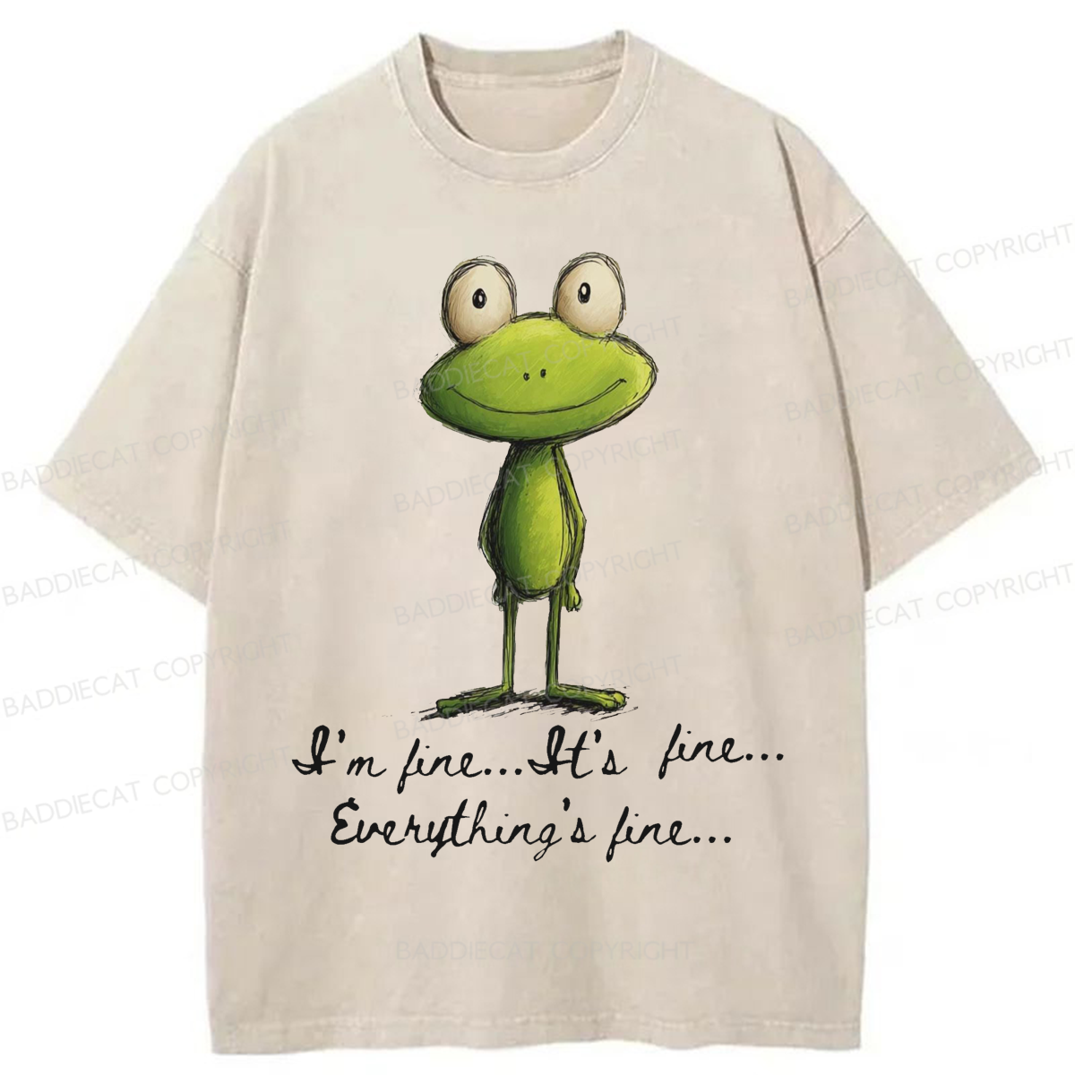 Baddiecat I'm Fine Funny Frog Washed T-shirt