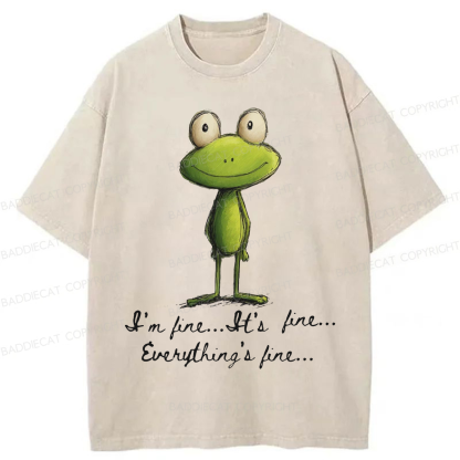 Baddiecat I'm Fine Funny Frog Washed T-shirt