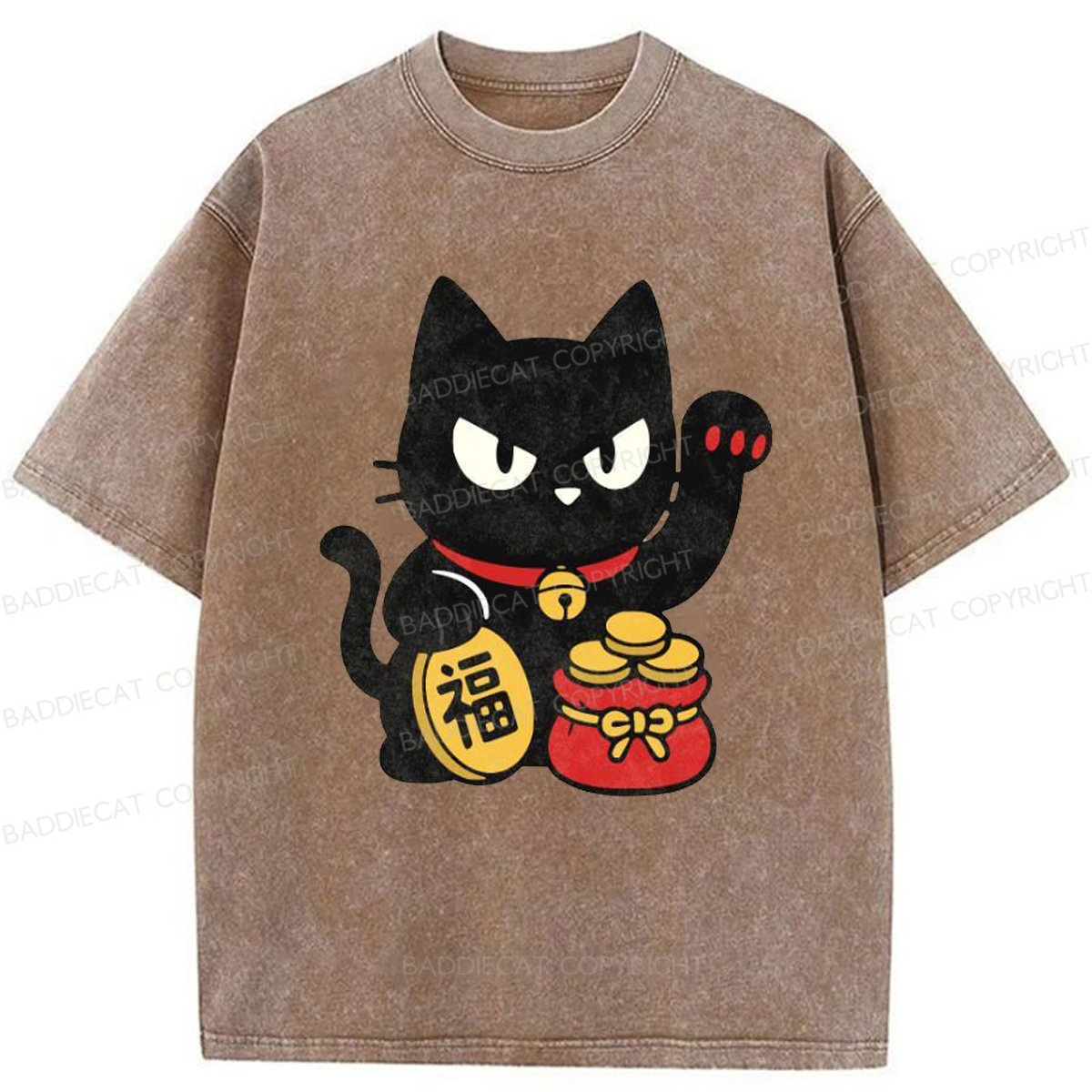 Baddiecat Japanese Lucky Black Cat Washed T-shirt