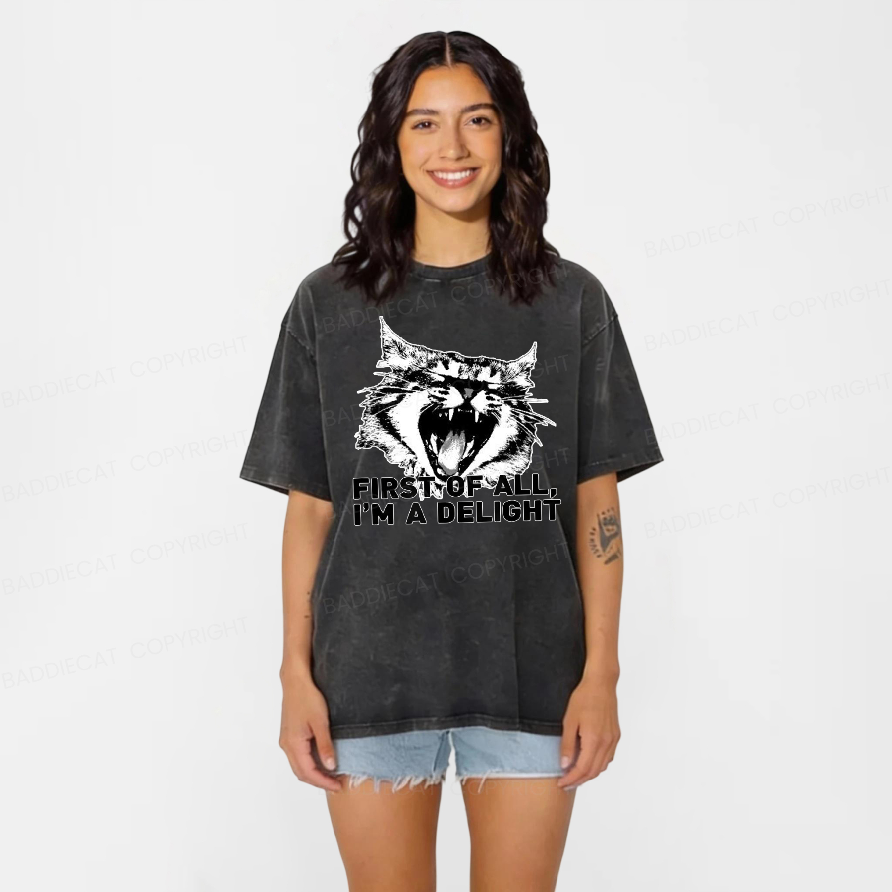 Baddiecat First Of All I'm A Delight Roaring Cat Washed T-shirt