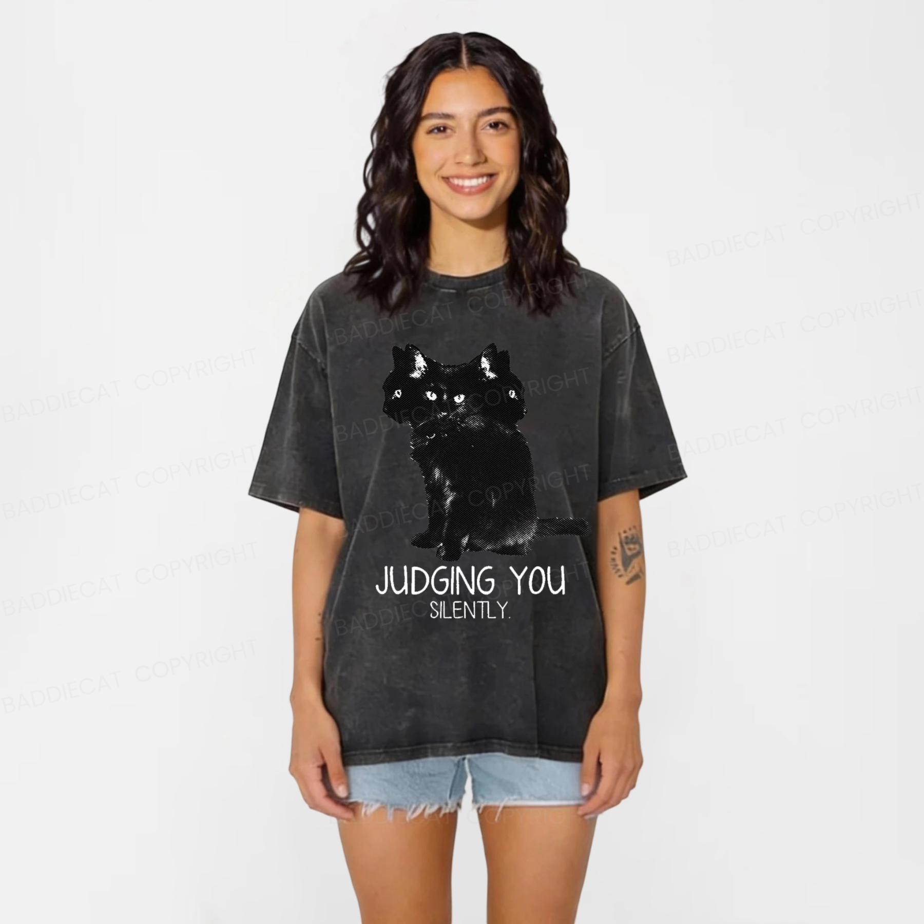 Baddiecat Three Head Cat Judging You Washed T-shirt