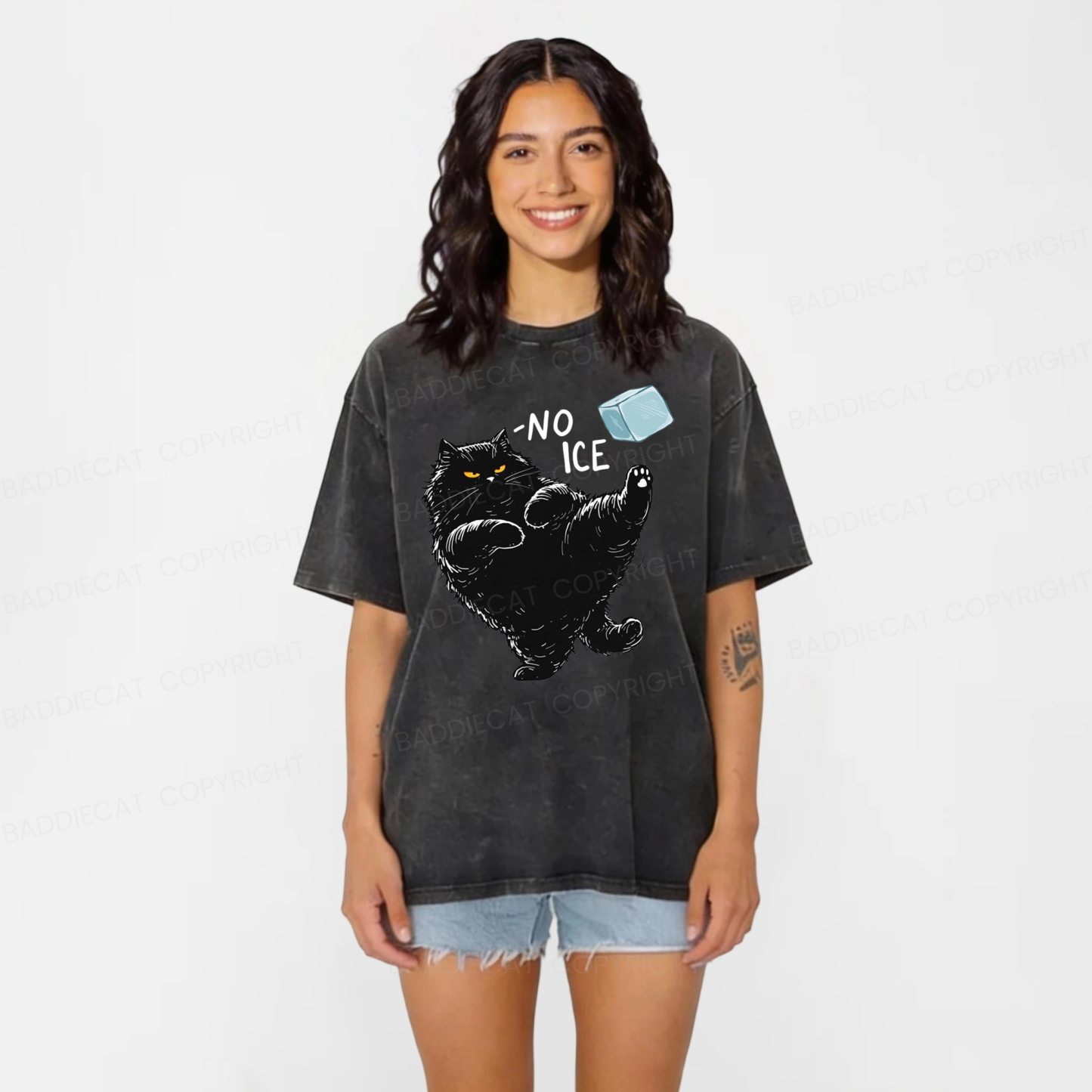 Baddiecat Cat Says NO ICE Washed T-shirt