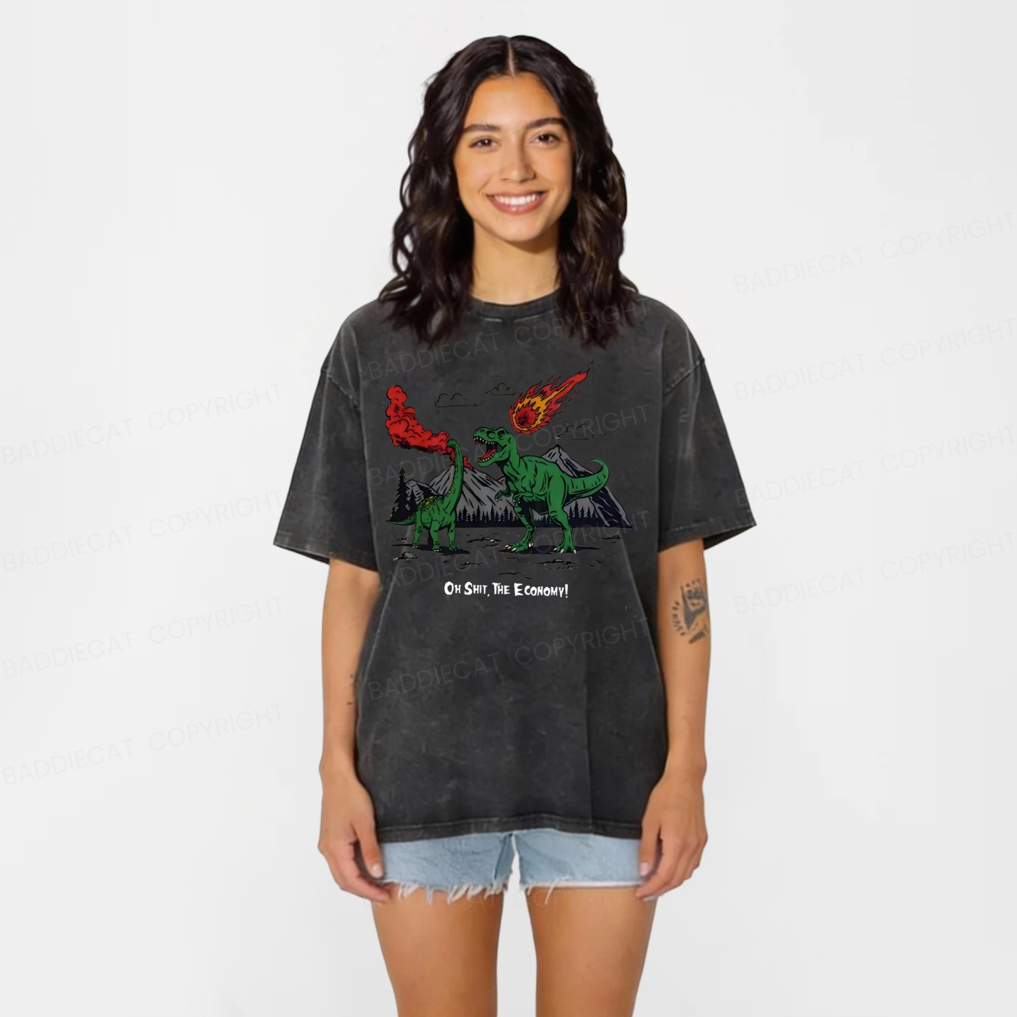 Baddiecat Funny Dinosaur Economy Washed T-shirt