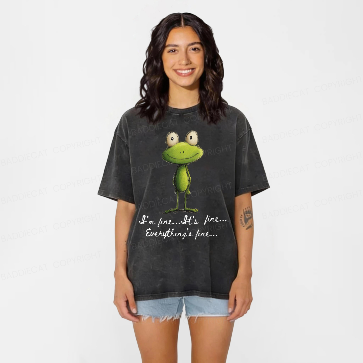 Baddiecat I'm Fine Funny Frog Washed T-shirt