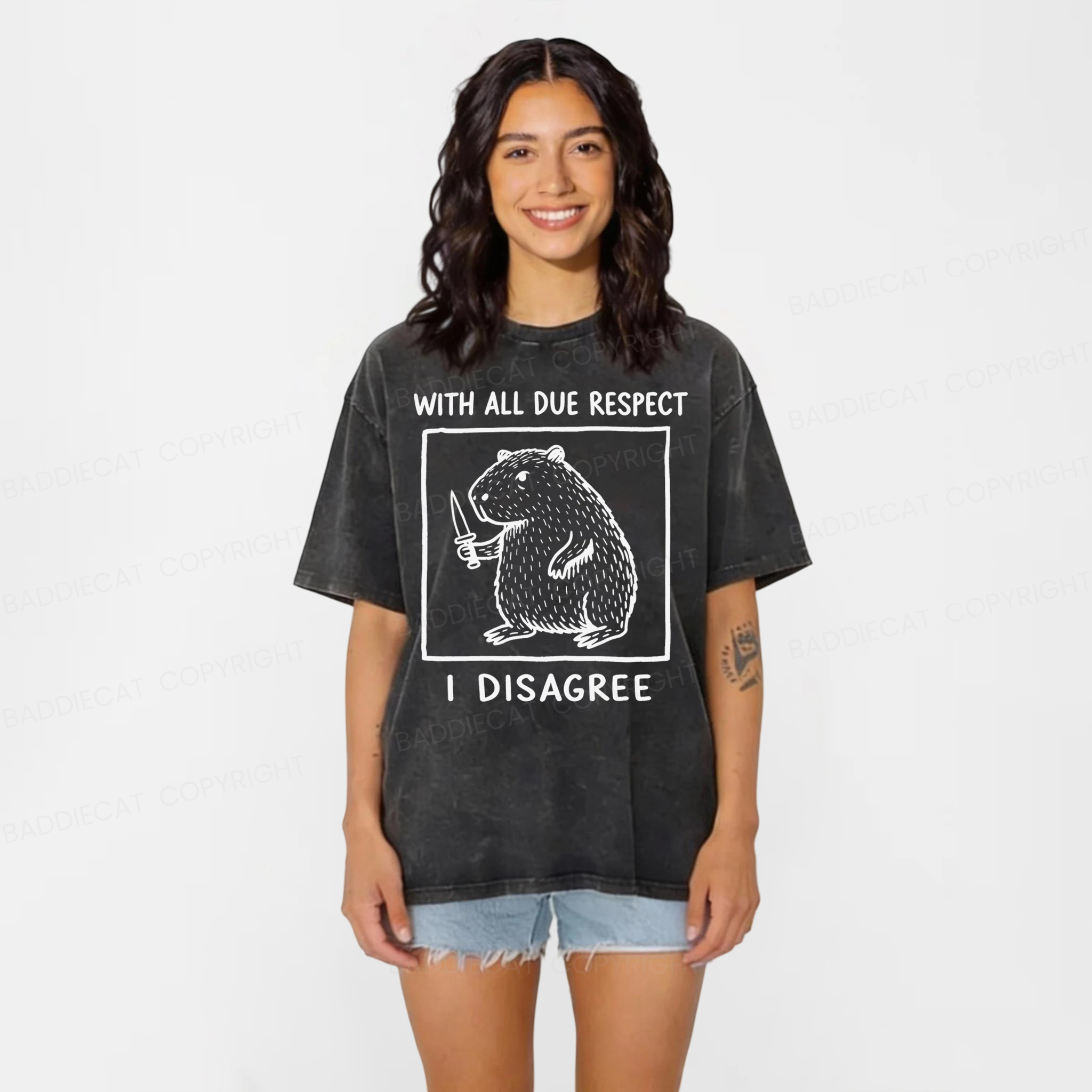 Baddiecat With All Due Respect I Disagree Washed T-shirt