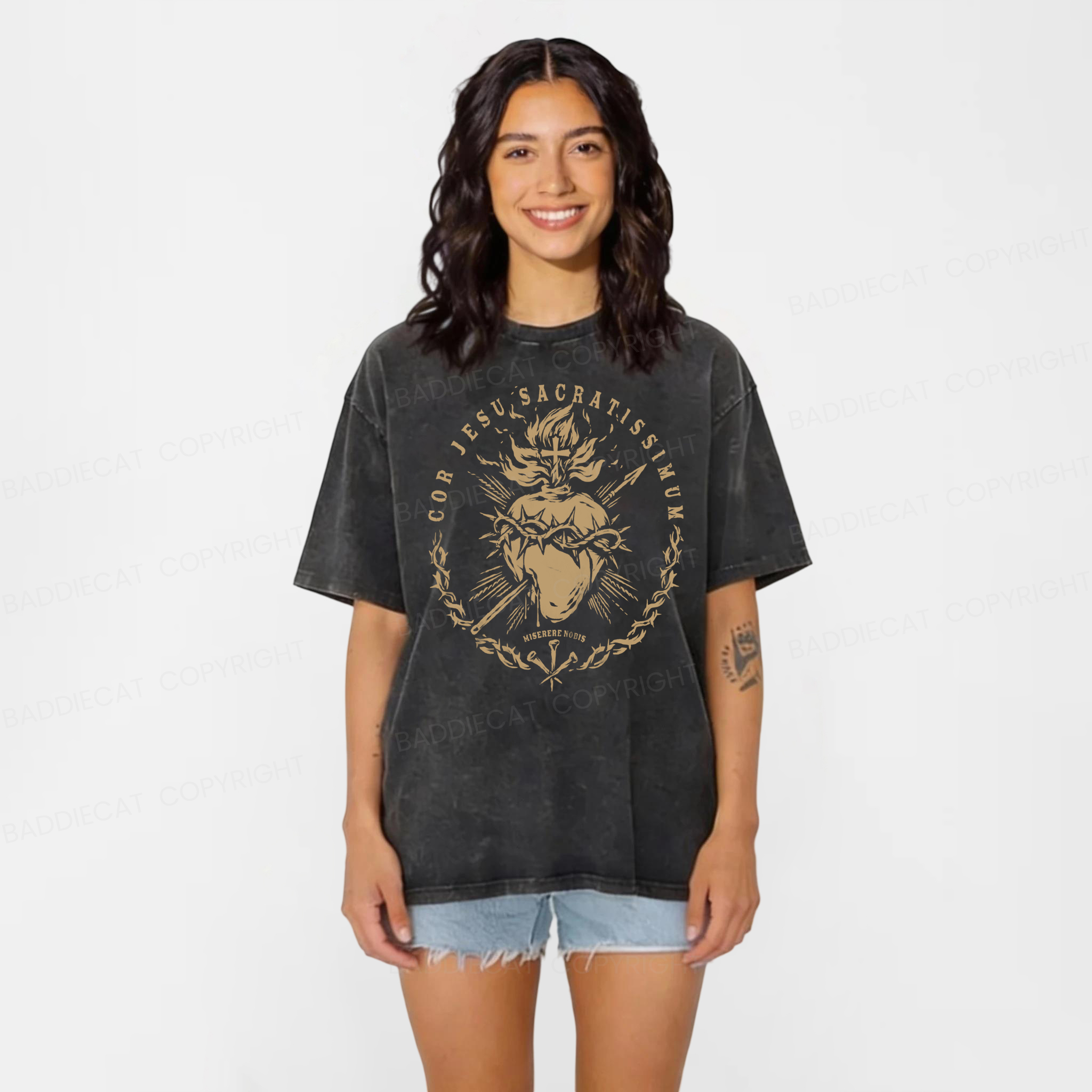 Baddiecat Adult Sacred Heart Of Jesus Washed T-shirt