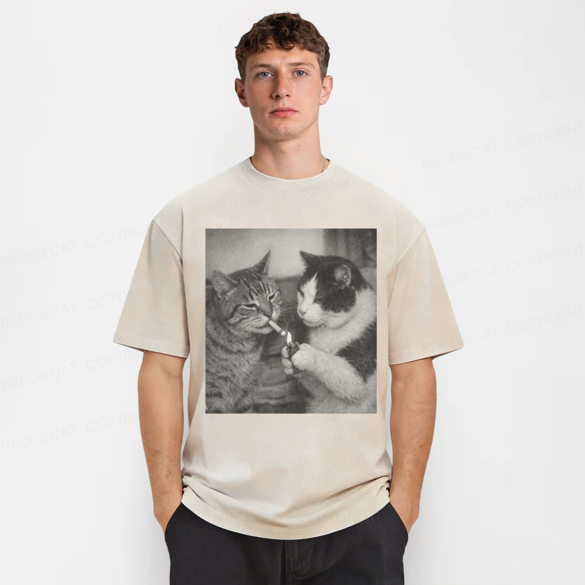 Baddiecat Funny Cat Smoking Washed T-shirt