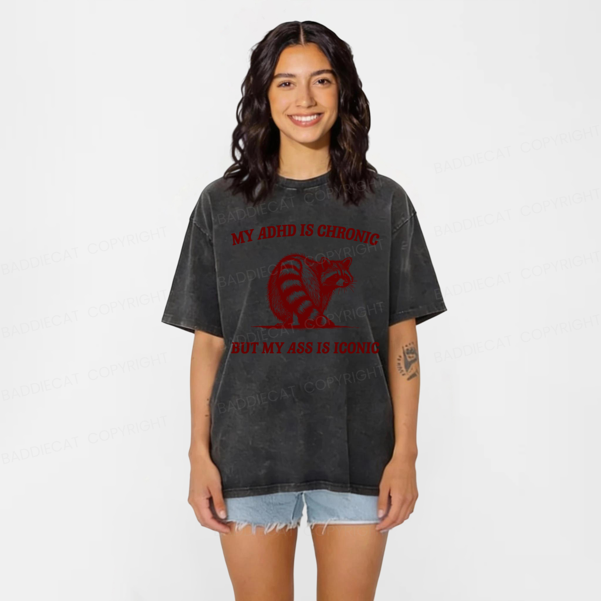 Baddiecat My ADHD Is Chronic But My Ass Is Iconic Washed T-shirt