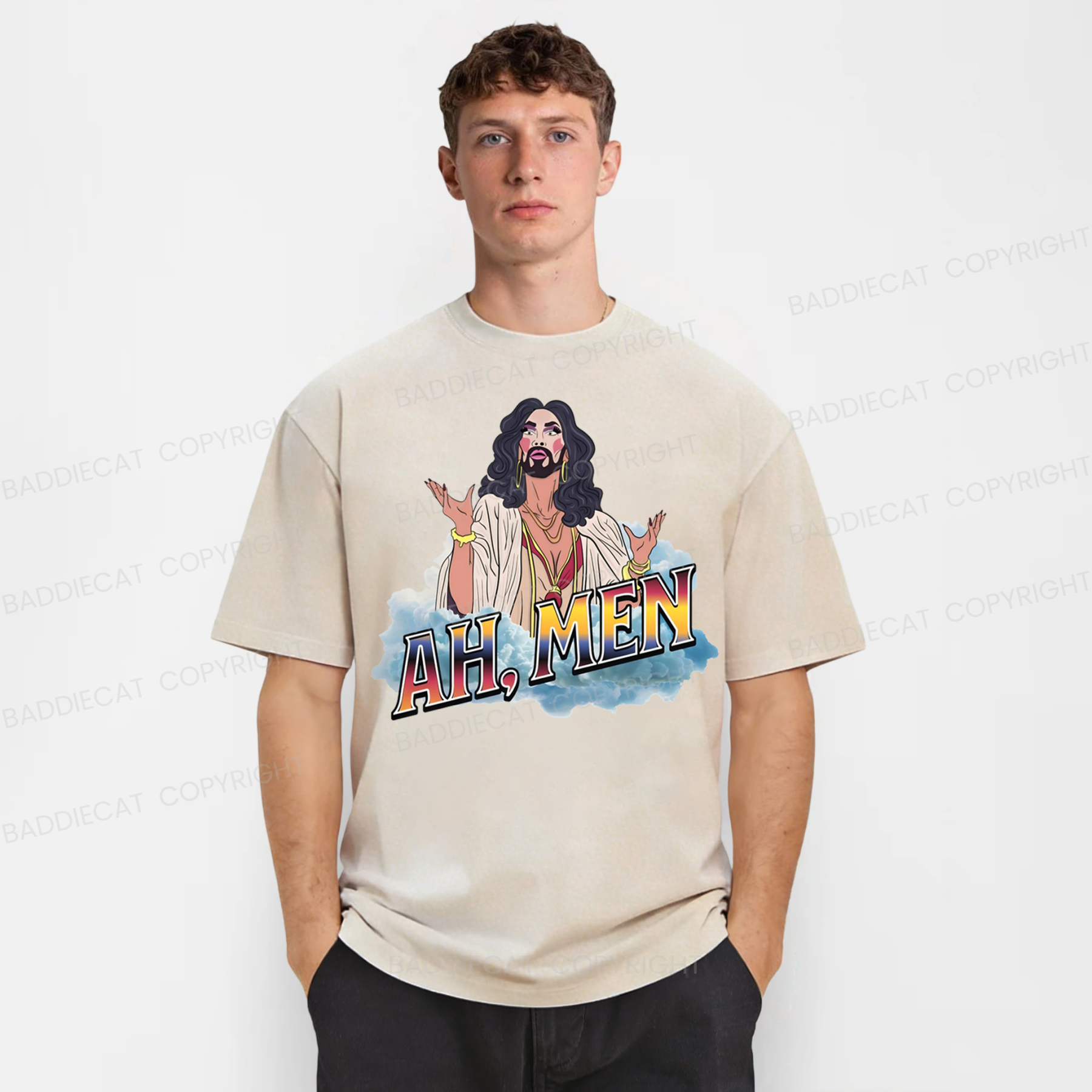 Baddiecat Funny Jesus AH MEN Washed T-shirt