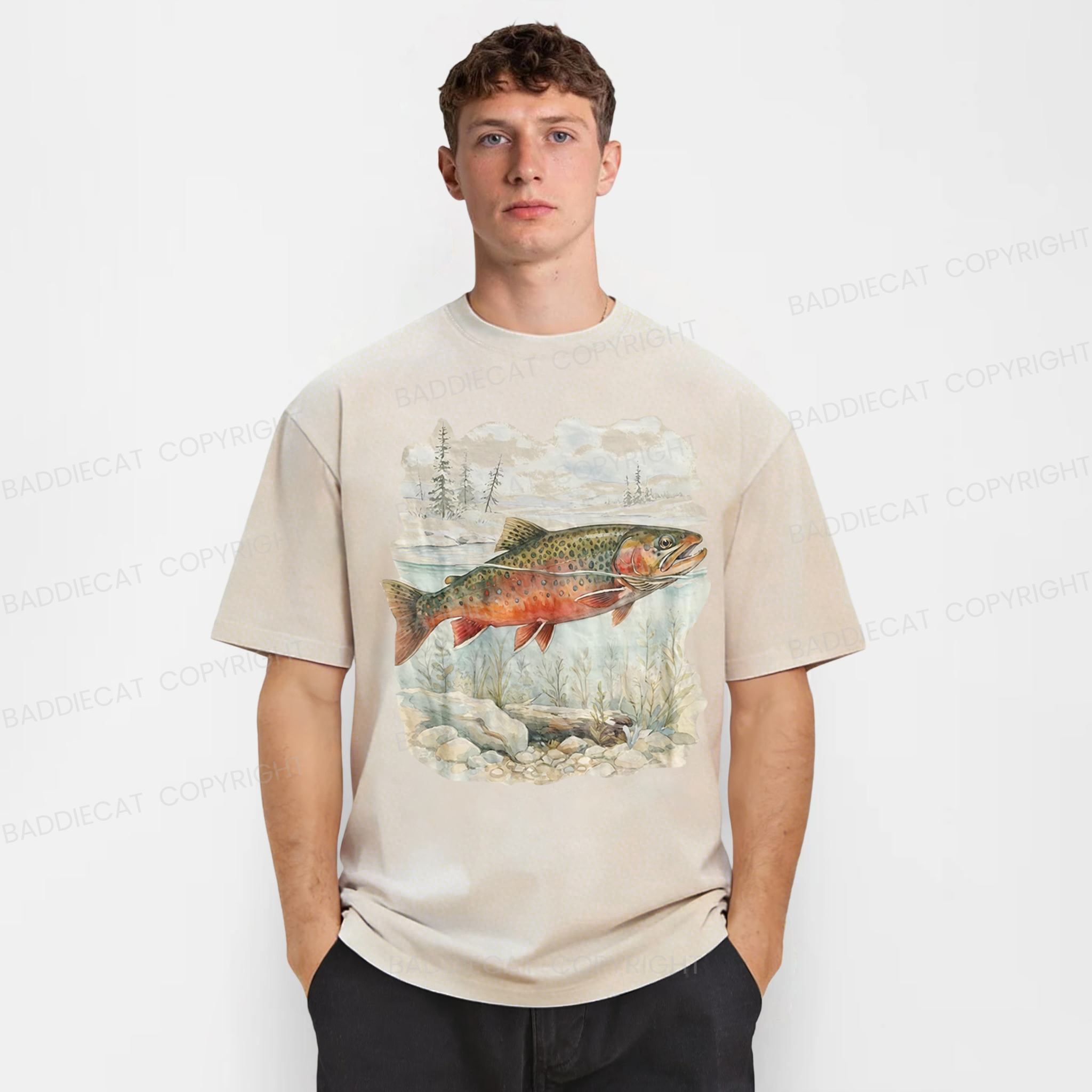 Baddiecat Landscape Trout Fish Washed T-shirt