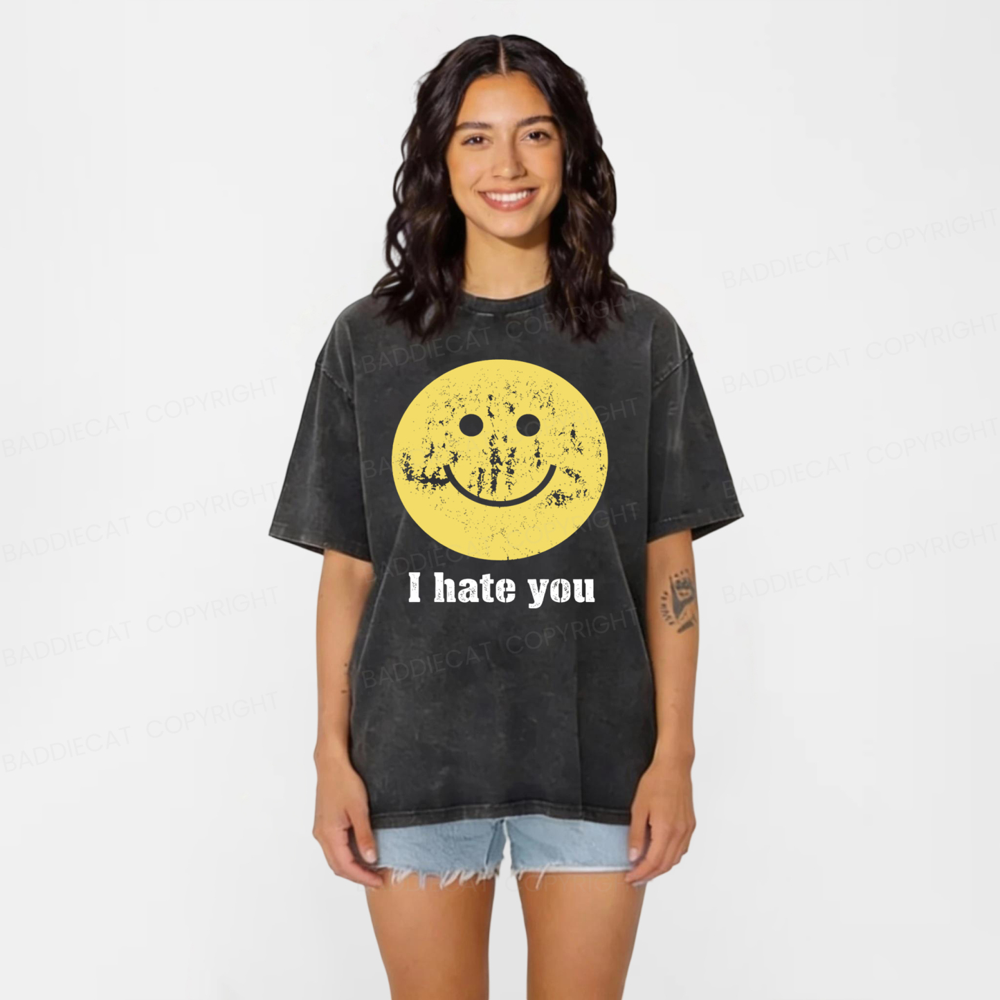 Baddiecat I Hate You Smiling Face Washed T-shirt
