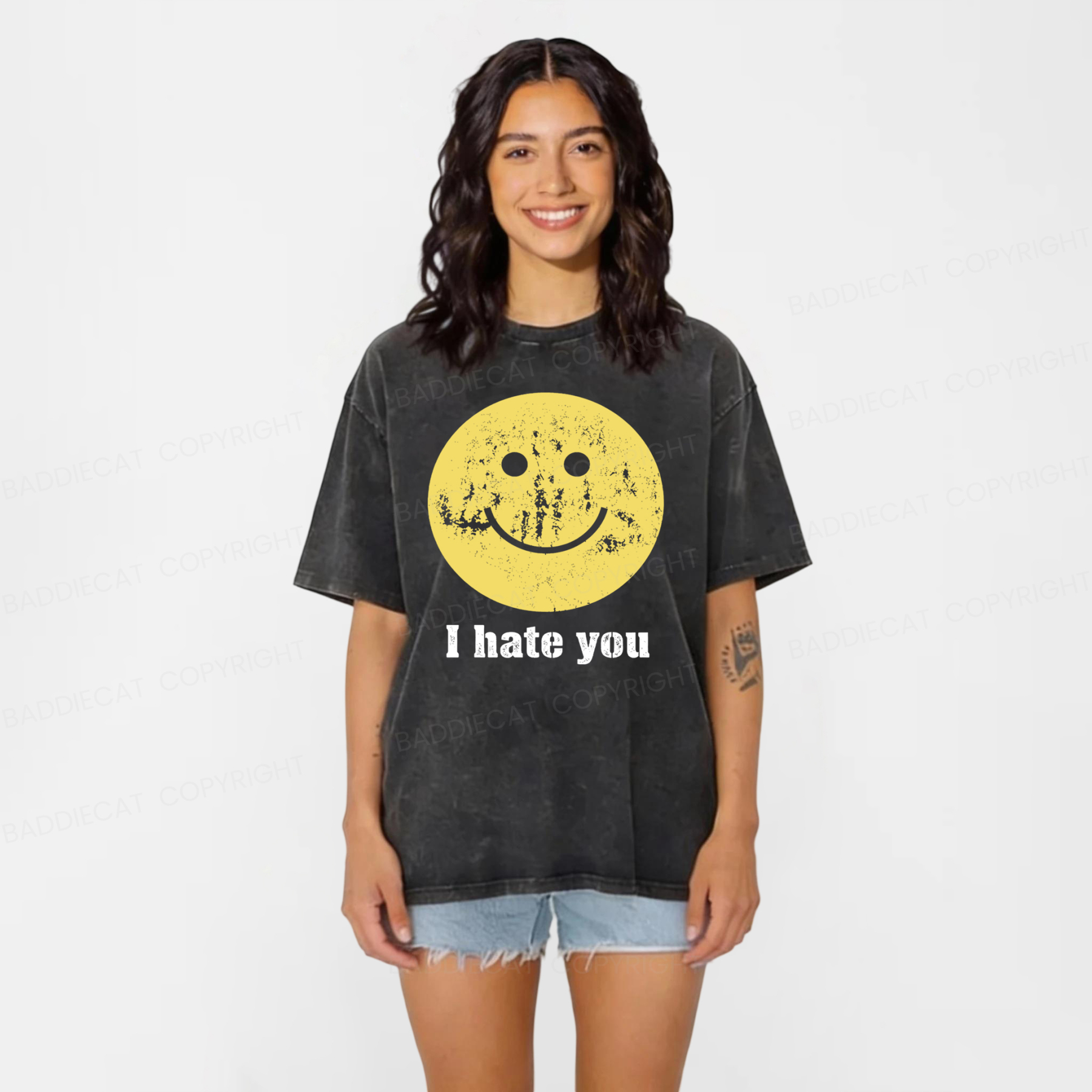 Baddiecat I Hate You Smiling Face Washed T-shirt