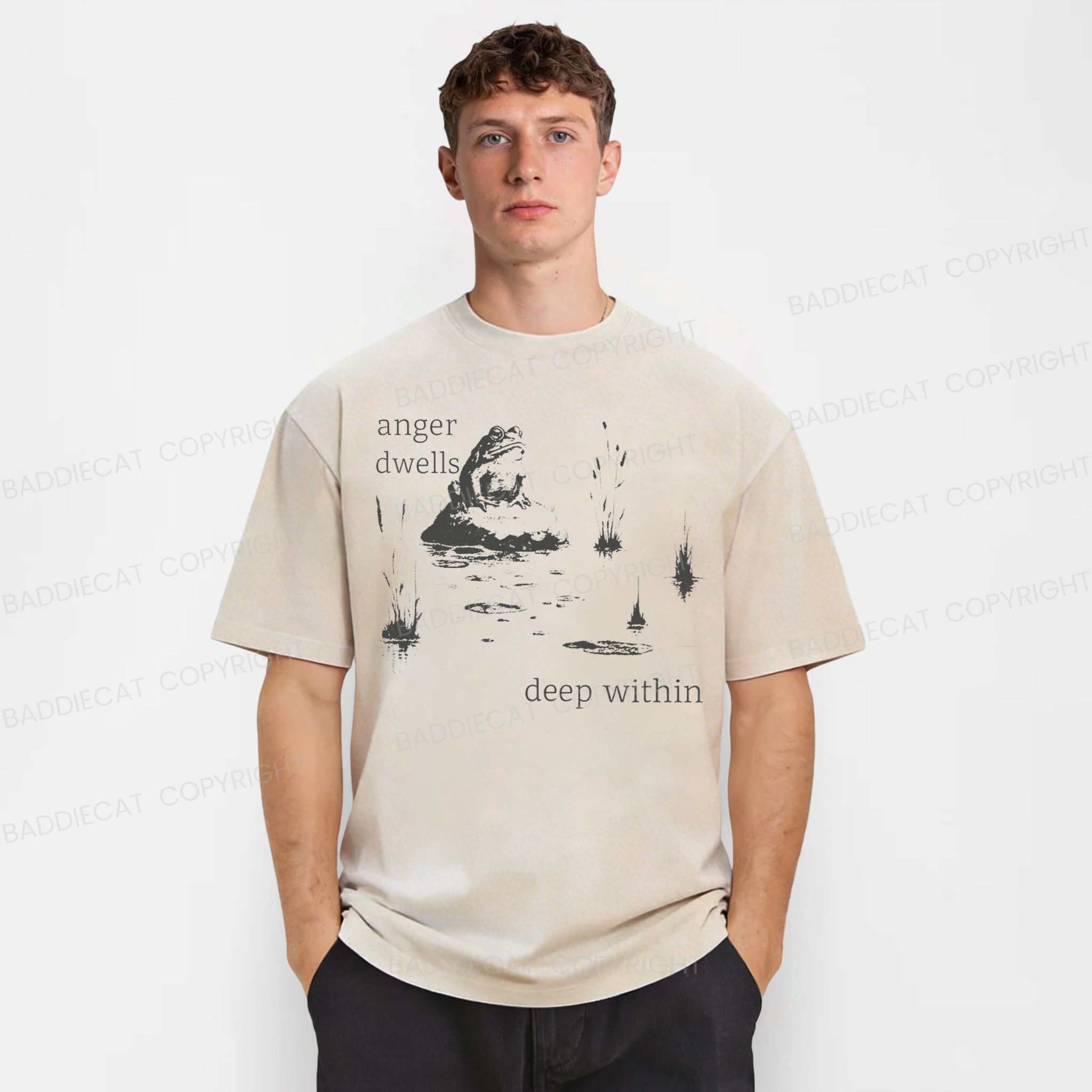 Baddiecat Anger Dwells Deep Within Frog Meme Washed T-shirt