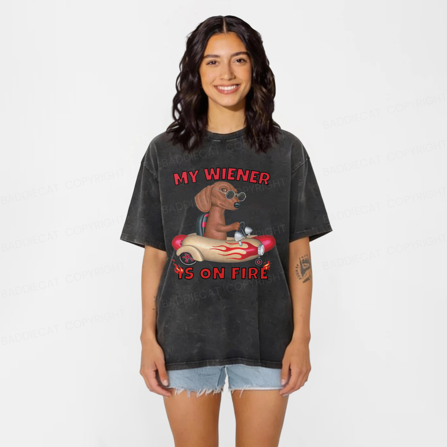 Baddiecat My Wiener Is On Fire Hot Dog Car Washed T-shirt