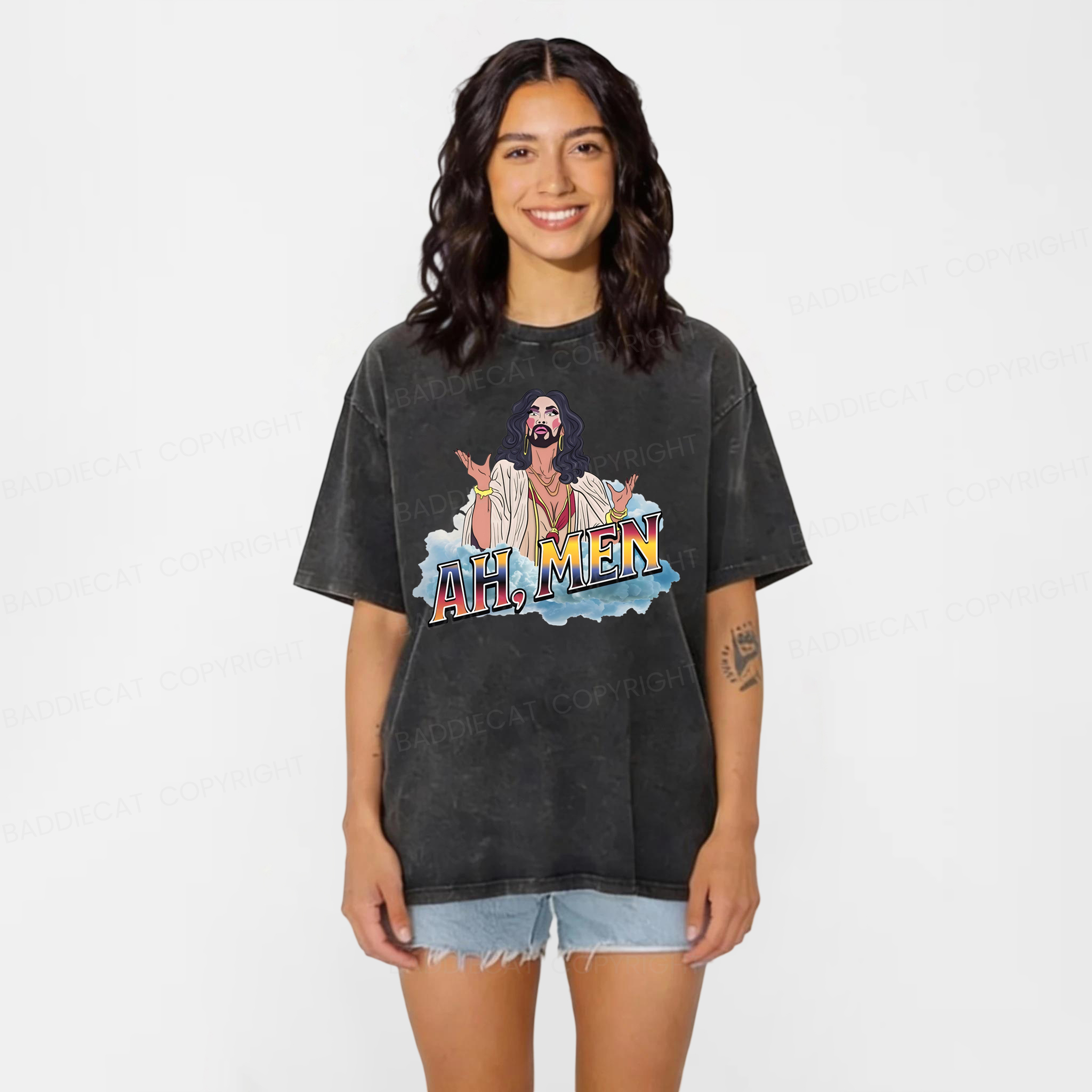 Baddiecat Funny Jesus AH MEN Washed T-shirt