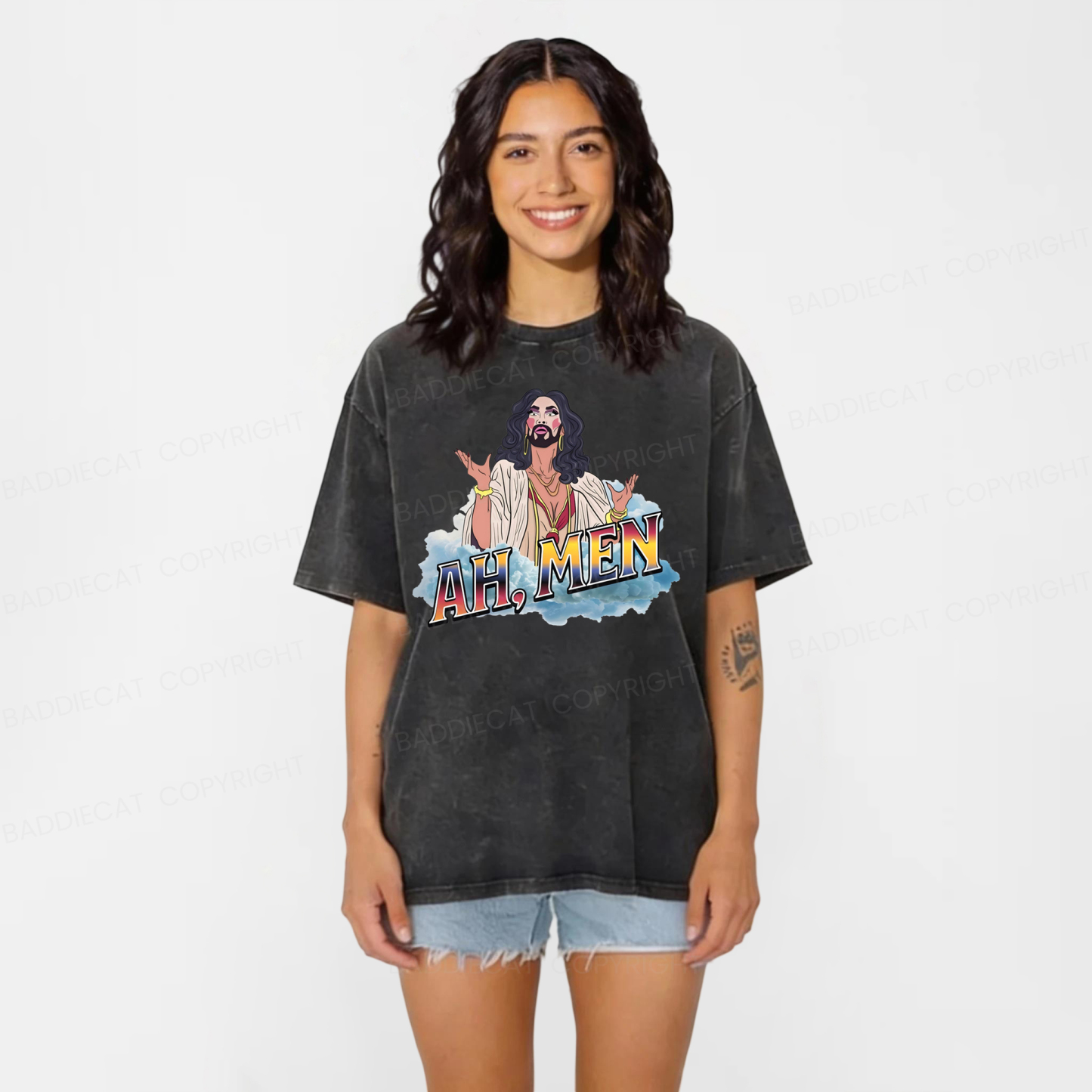 Baddiecat Funny Jesus AH MEN Washed T-shirt