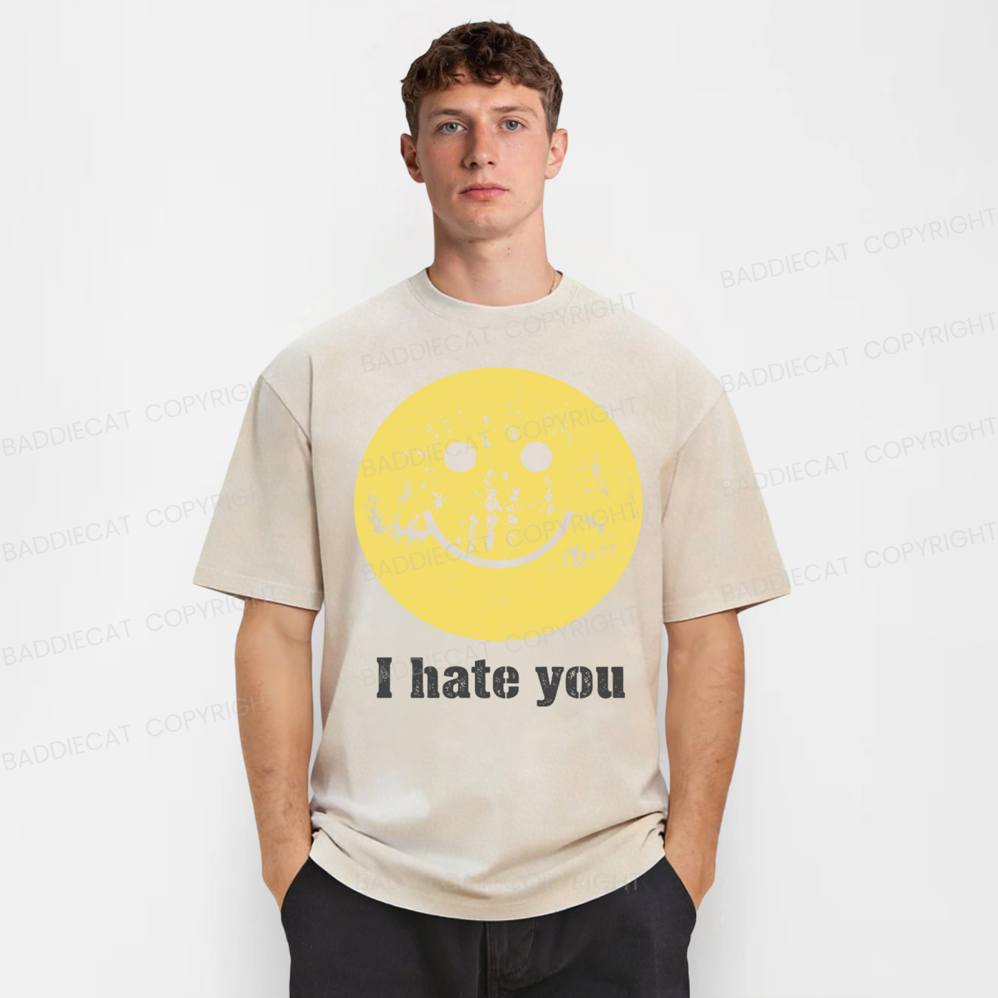 Baddiecat I Hate You Smiling Face Washed T-shirt