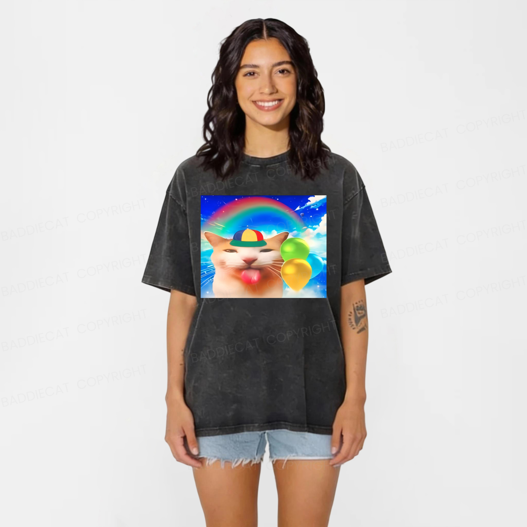 Baddiecat Summer Cat Meme Washed T-shirt