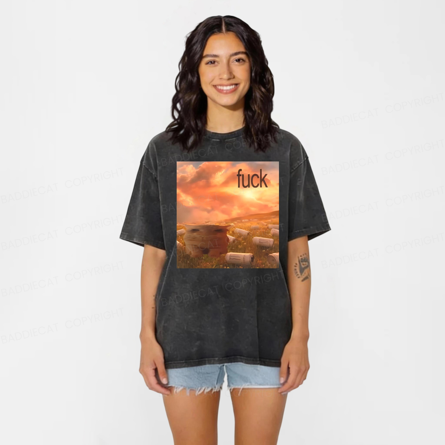 Baddiecat Funny Cat Drinking Meme Washed T-shirt