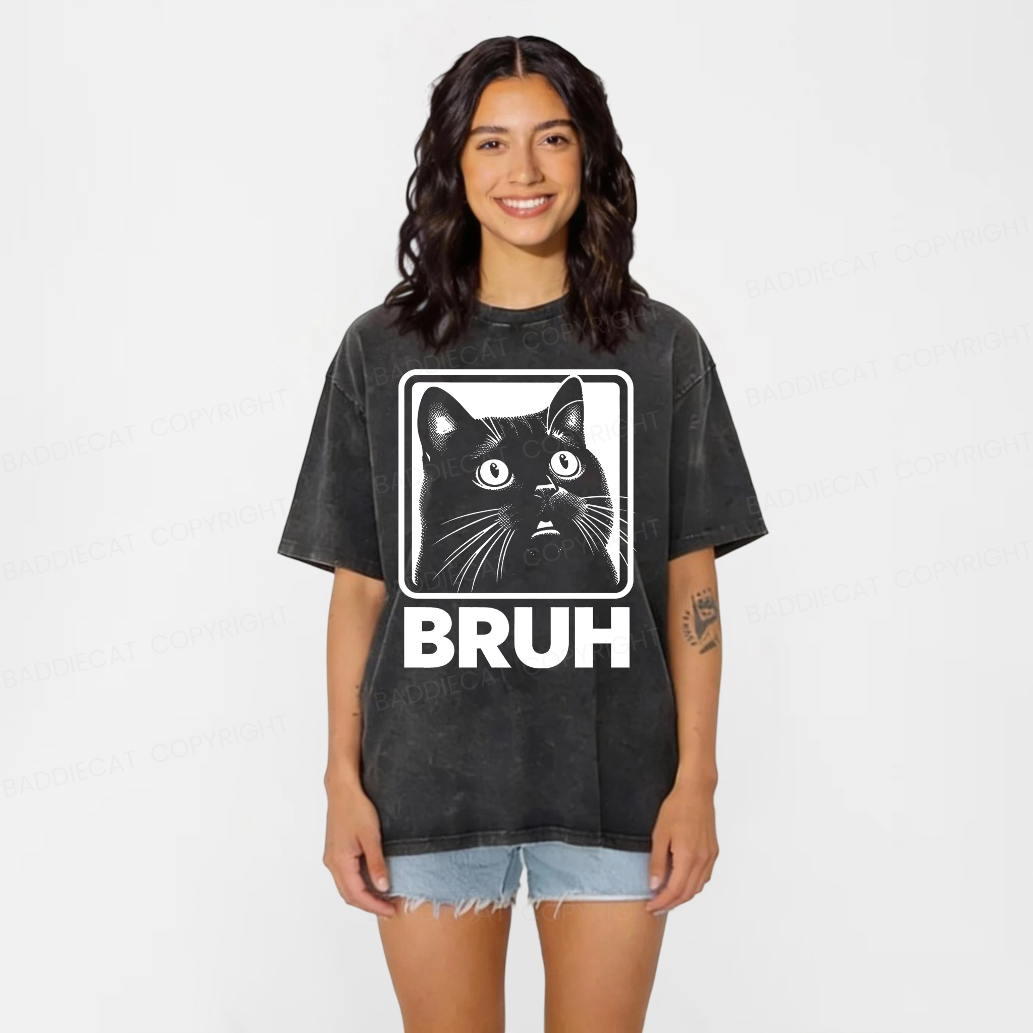 Baddiecat BRUH Cat Washed T-shirt