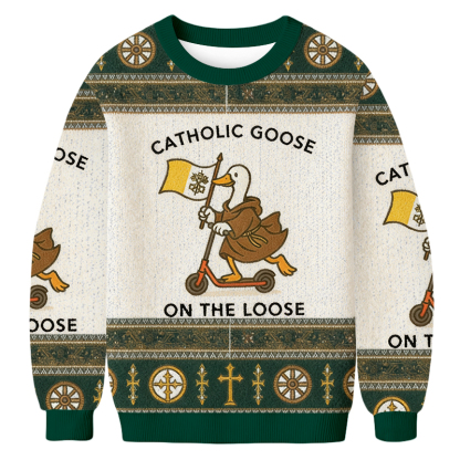 Baddiecat Catholic Goose On The Loose Christmas Ugly Sweatshirt