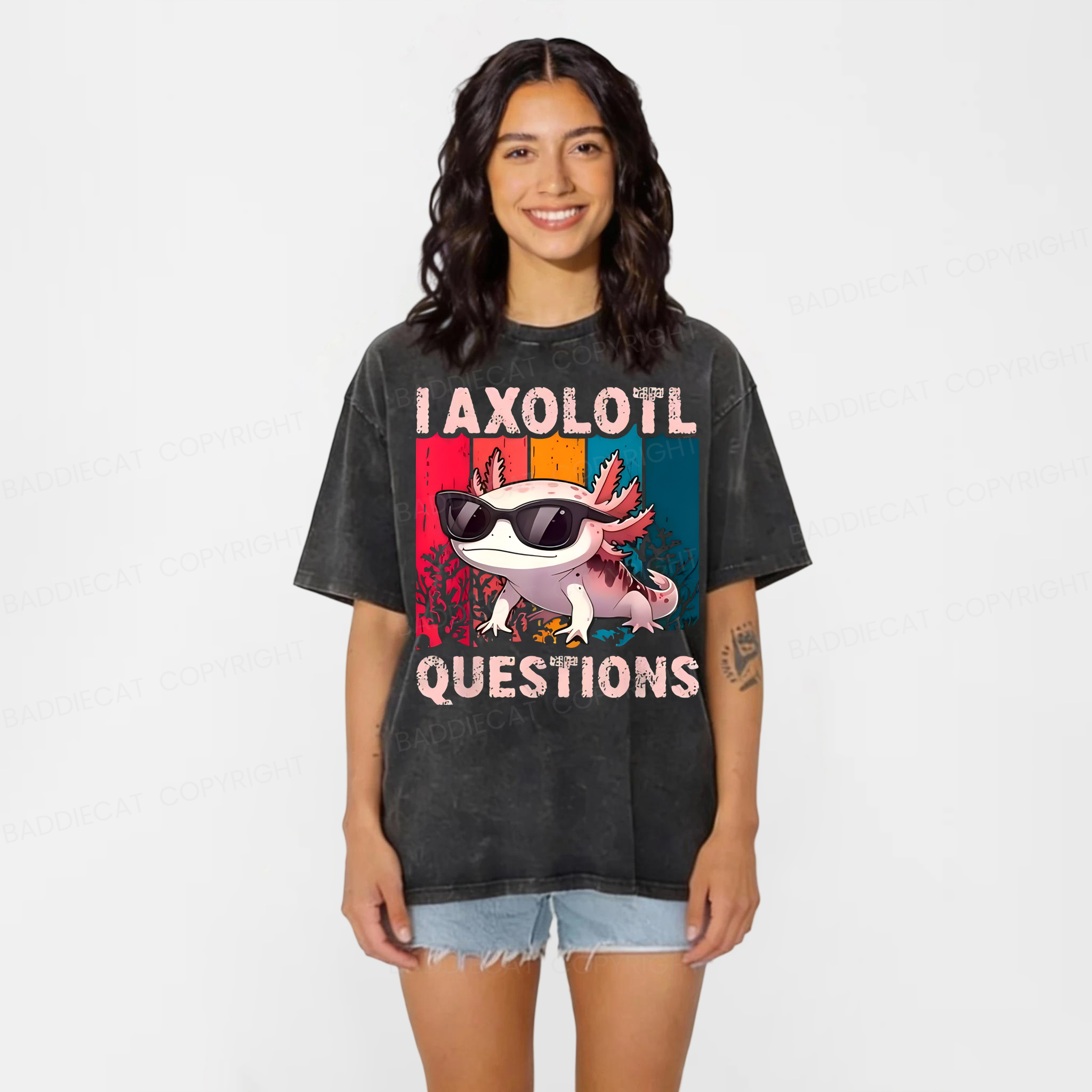 Baddiecat I Axolotl Questions Washed T-shirt