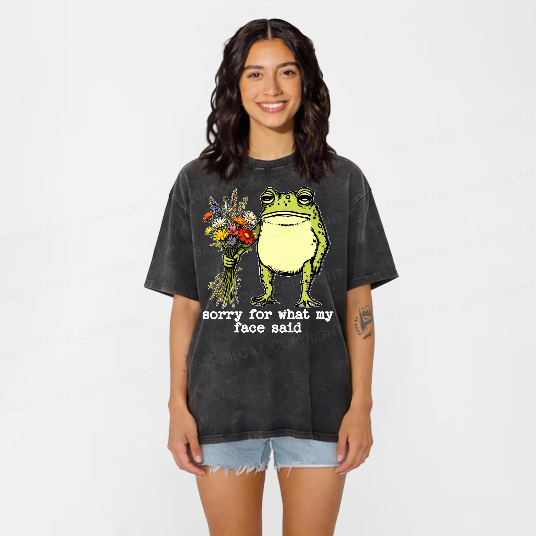 Baddiecat Sorry For What My Face Said Frog Washed T-shirt