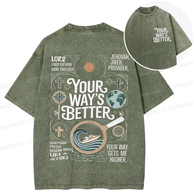 Baddiecat Your Way's Better Proverbs 16:9 Bible Verse Washed T-shirt