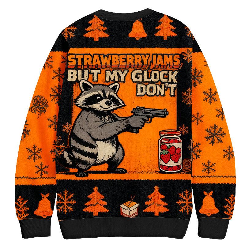 Baddiecat Strawberry Jams Glock Funny Raccoon Christmas Ugly Sweatshirt