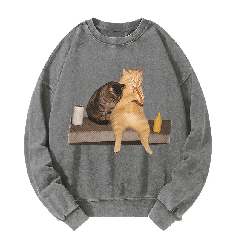 Cat Eating Hot Dog Washed Sweatshirt