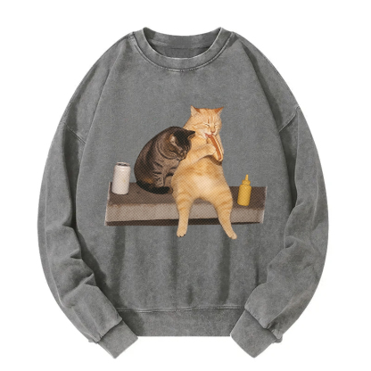 Cat Eating Hot Dog Washed Sweatshirt