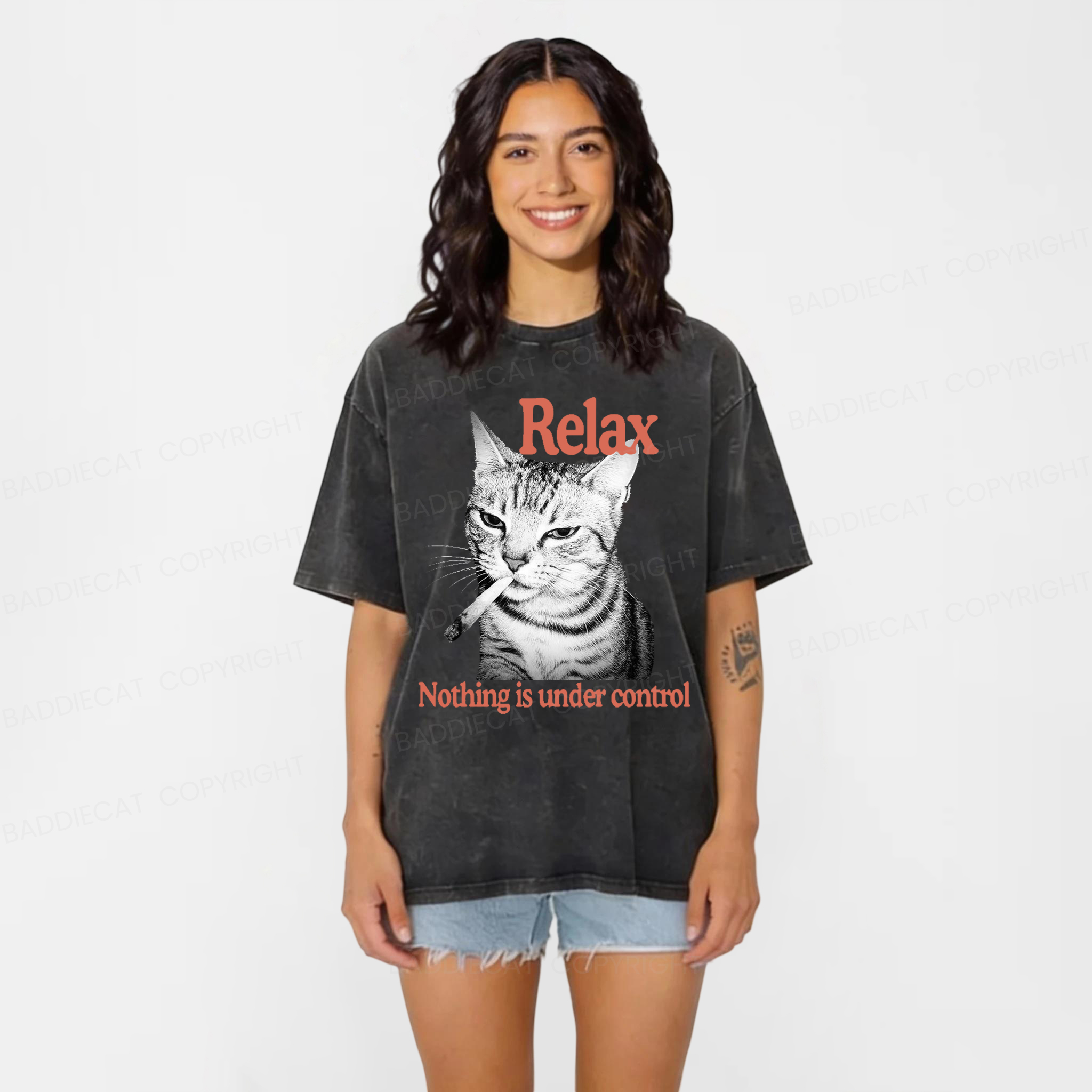 Baddiecat Cat Relax Nothing Is Under Control Washed T-shirt