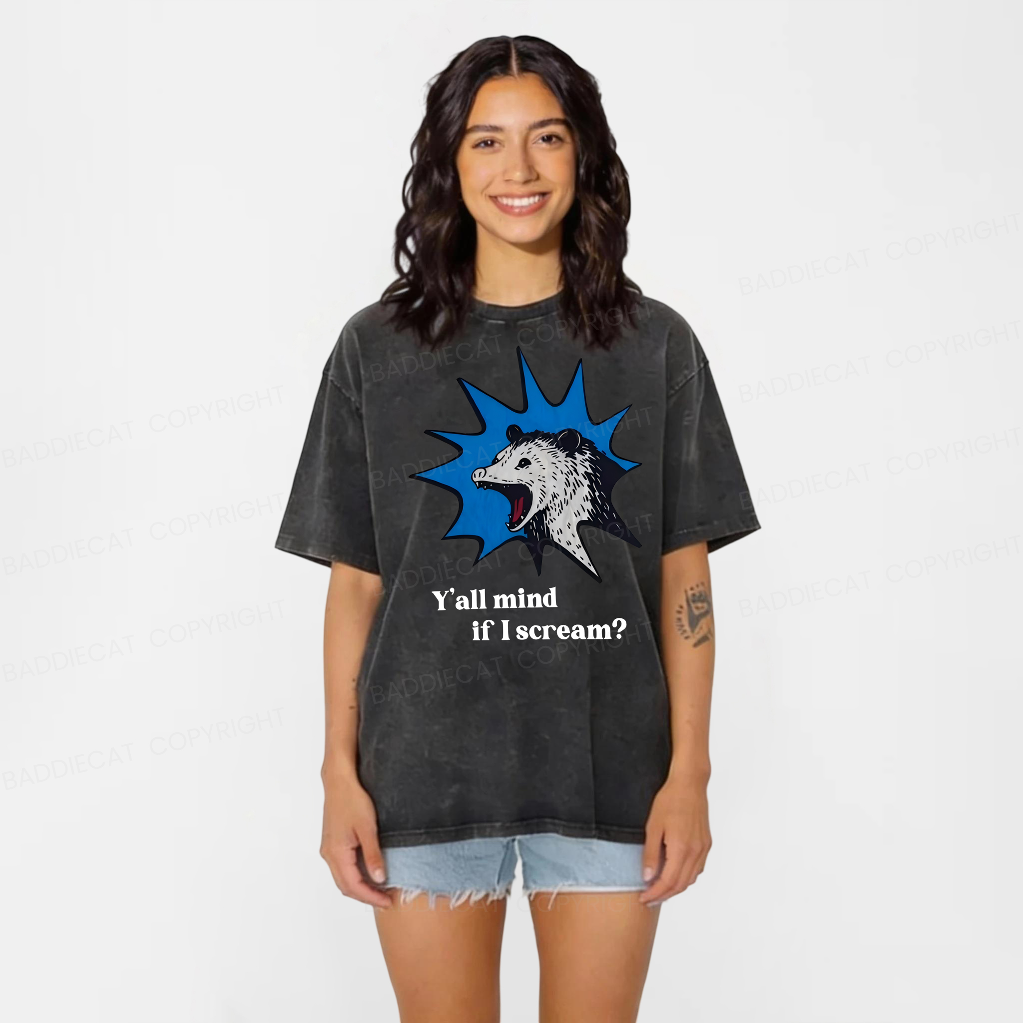 Baddiecat Possum Y'all Mind If I Scream Washed T-shirt