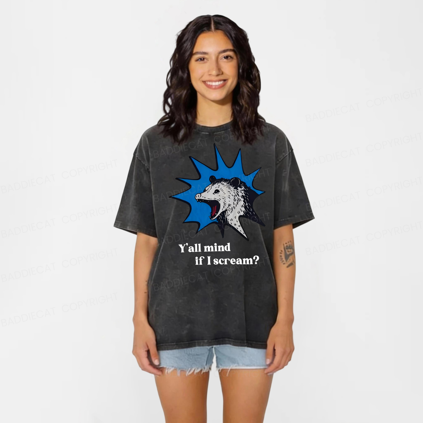 Baddiecat Possum Y'all Mind If I Scream Washed T-shirt